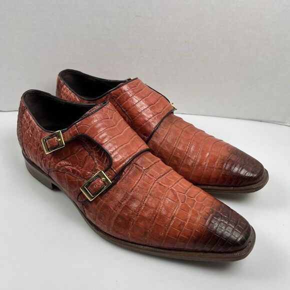 Belvedere Valiente Rust Crocodile Leather Double Monk Strap Shoes Mens Size 9